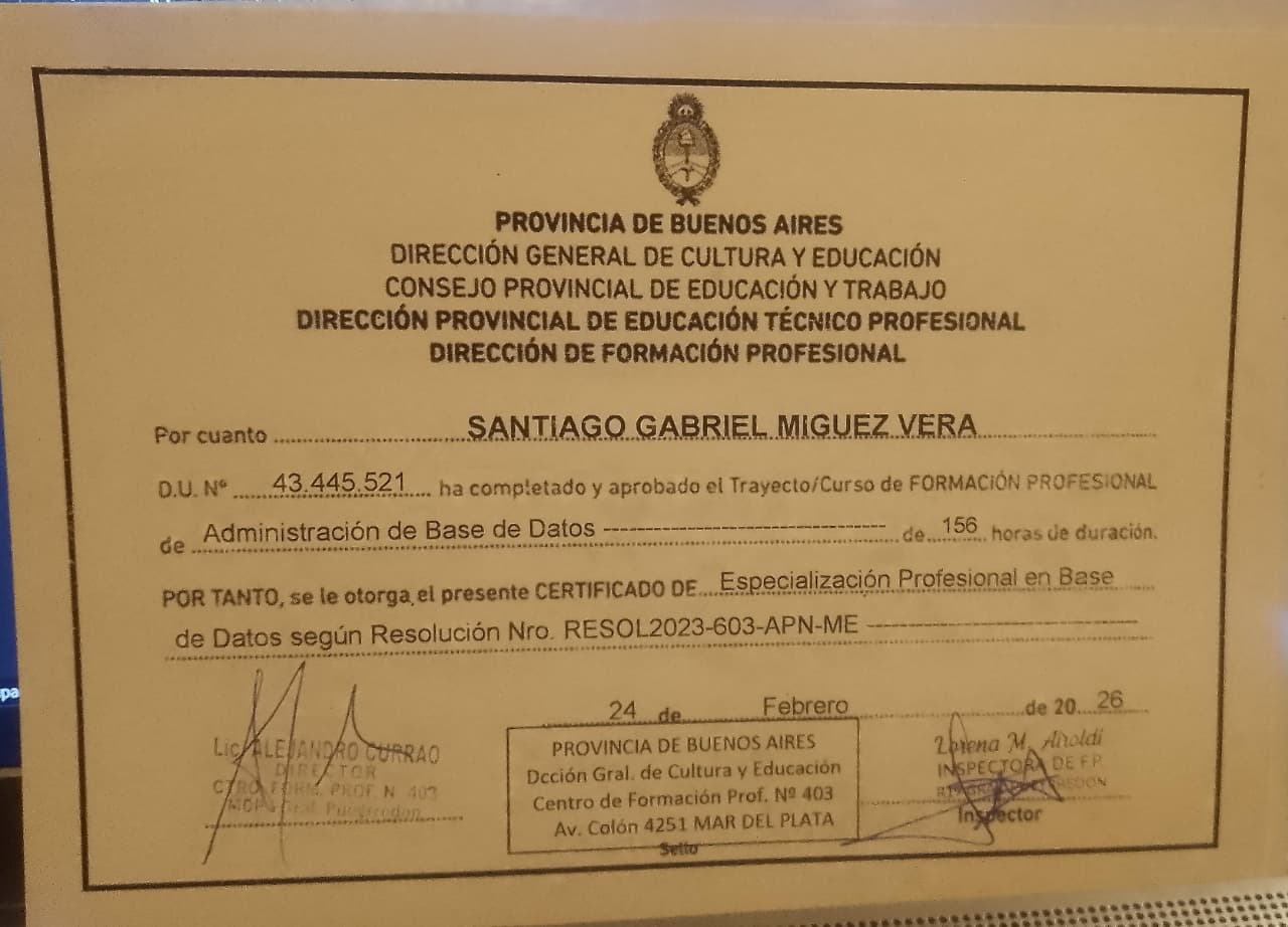 Esp. Profesional en Administración de Bases de Datos